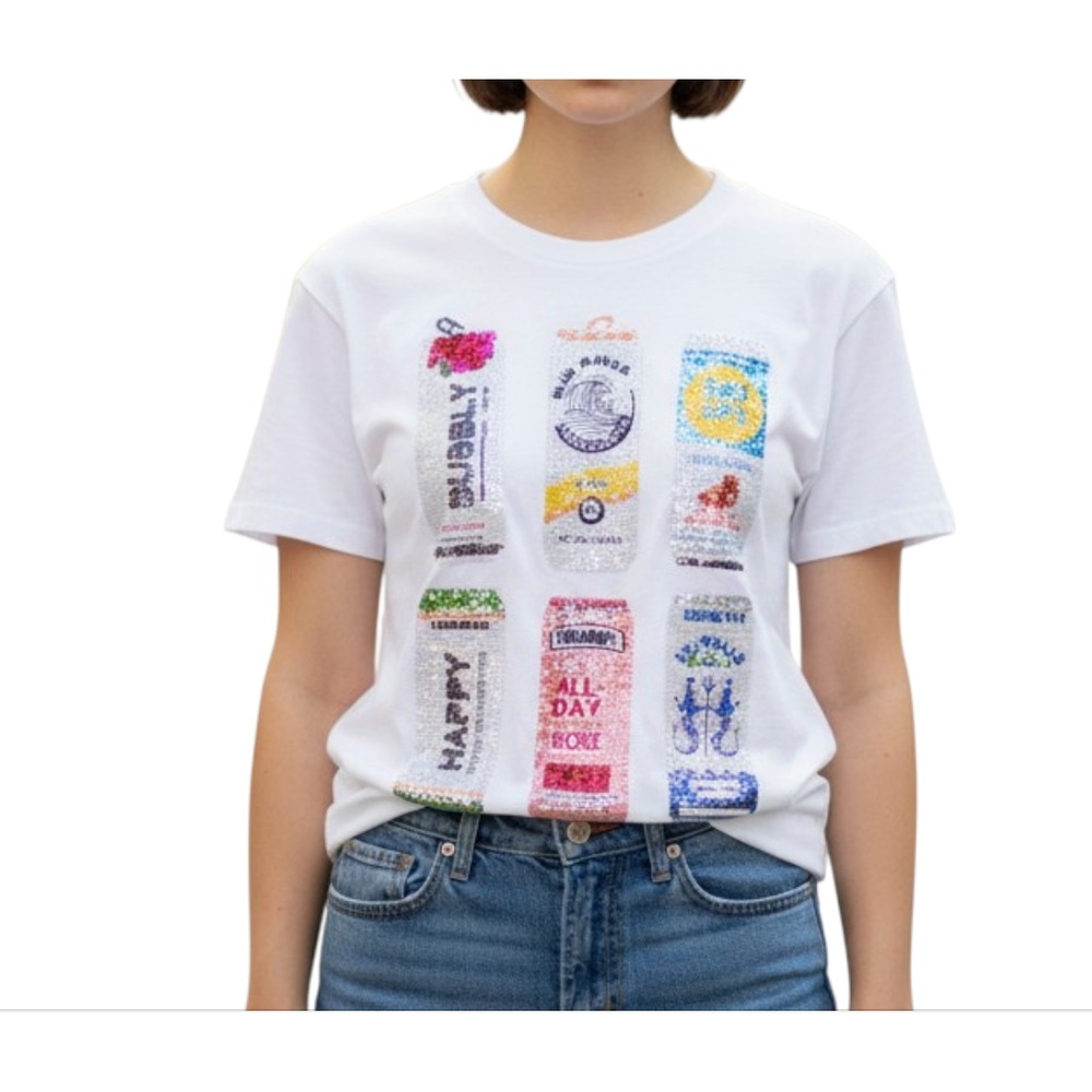 NWT Queen of Sparkles ALCOHOL HARD SELTZER T-SHIRT TOP White Stretch w/Sequins M